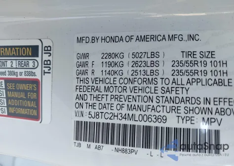 2021 Acura Rdx Standard z USA, uszkodzony, nr VIN 5J8TC2H34ML006369